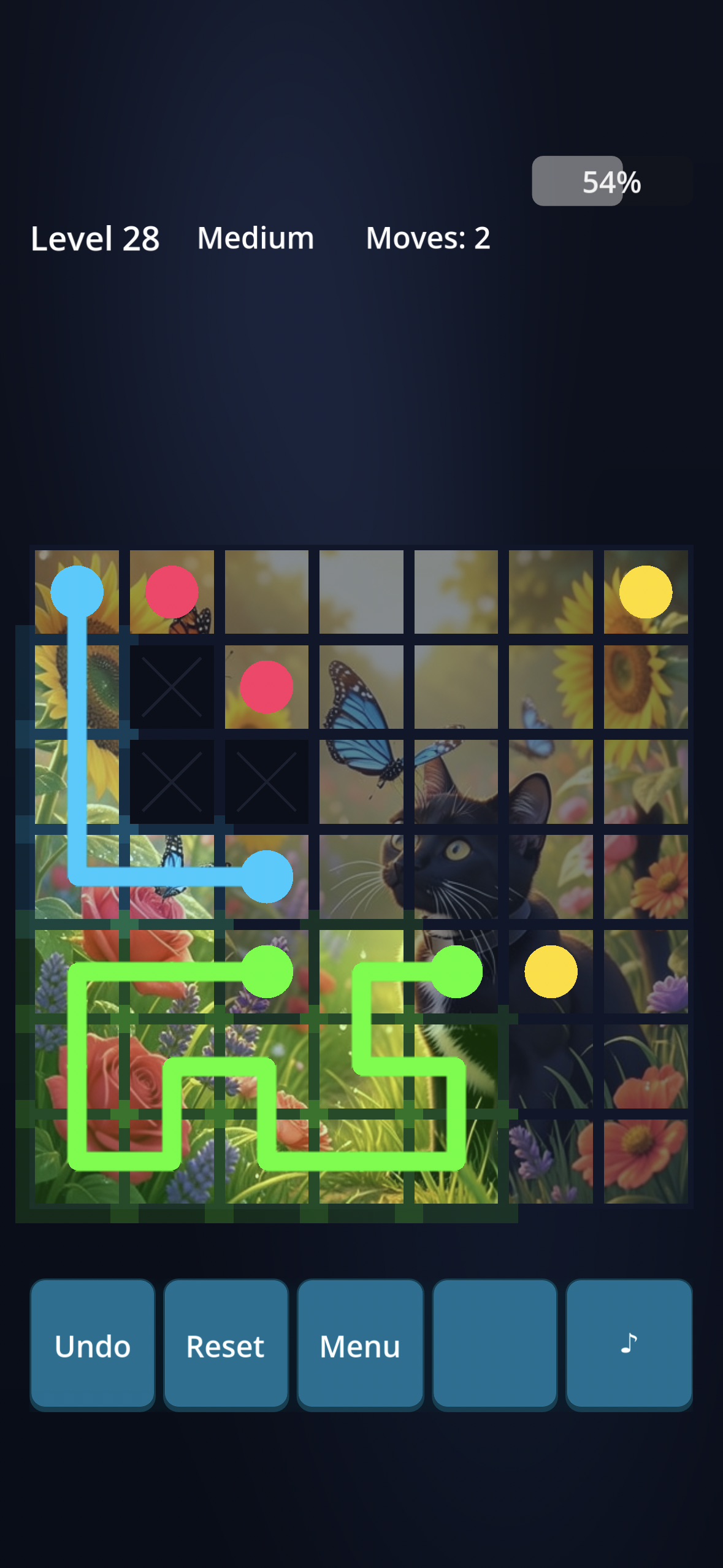 Juliet's Dilemma gameplay — drawing neon paths to connect colored dots on a flower-themed grid