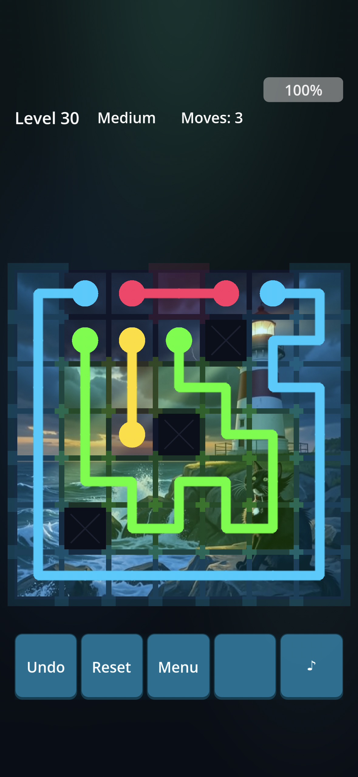 Juliet's Dilemma gameplay — completed puzzle with all neon paths filled on a lighthouse-themed grid